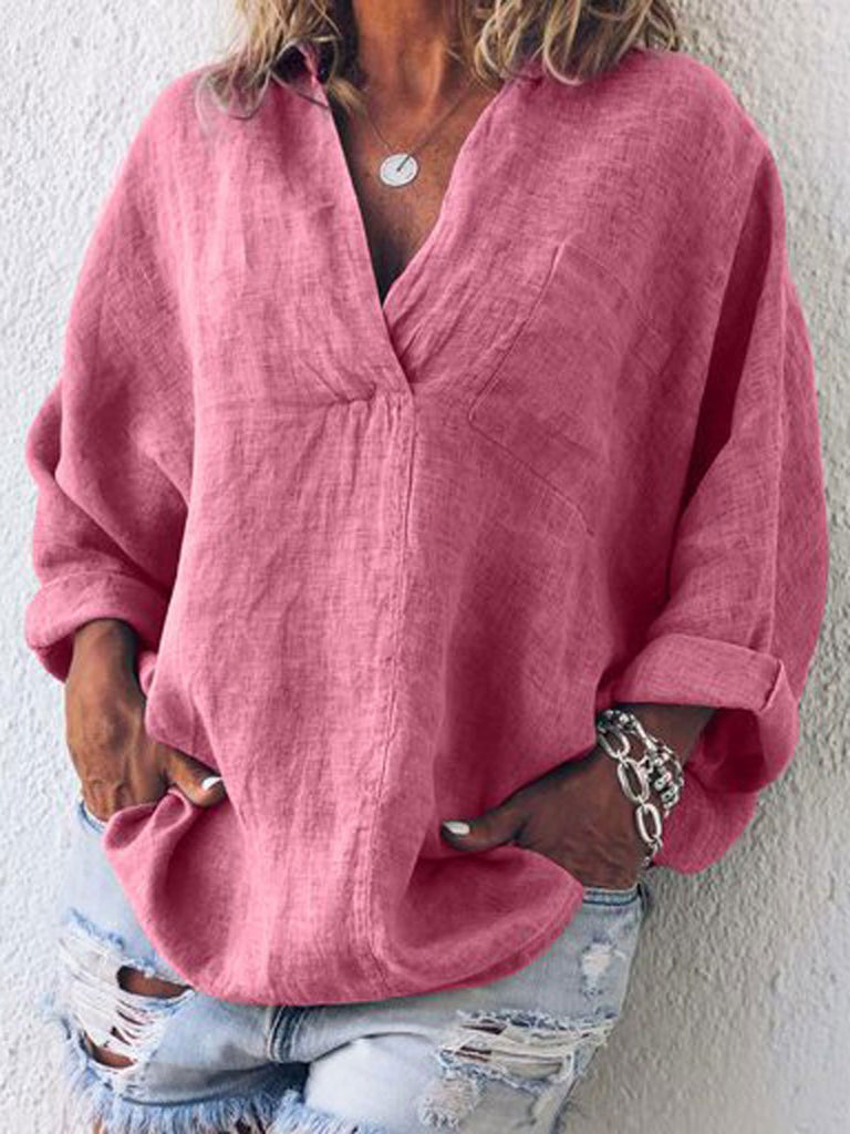 Fashion V Neck Long Sleeve Plain Loose Regular Shirt