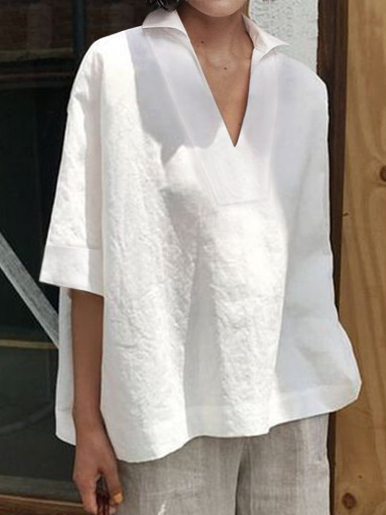 Fashion Half Sleeve V Neck Plain Loose Regular Blouse