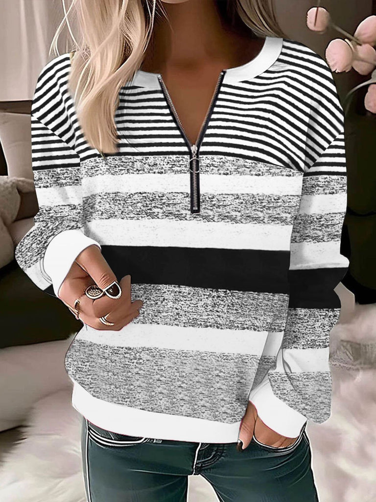 Casual Crew Neck Long Sleeve Striped Zipper Fashion Regular Sweatshirt