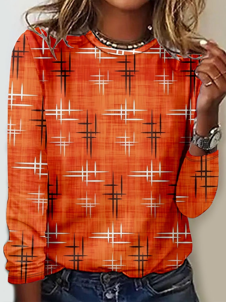 Fashion Crew Neck Long Sleeve Geometric Casual Regular T-Shirt