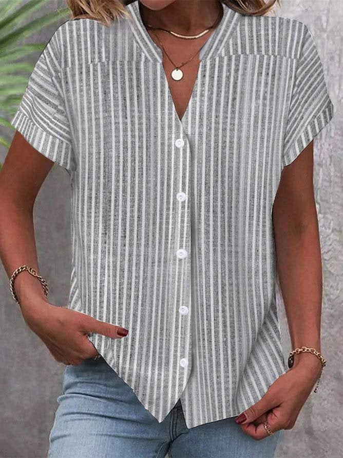 Loose Short Sleeve Stand Collar Striped Fashion Regular Blouse