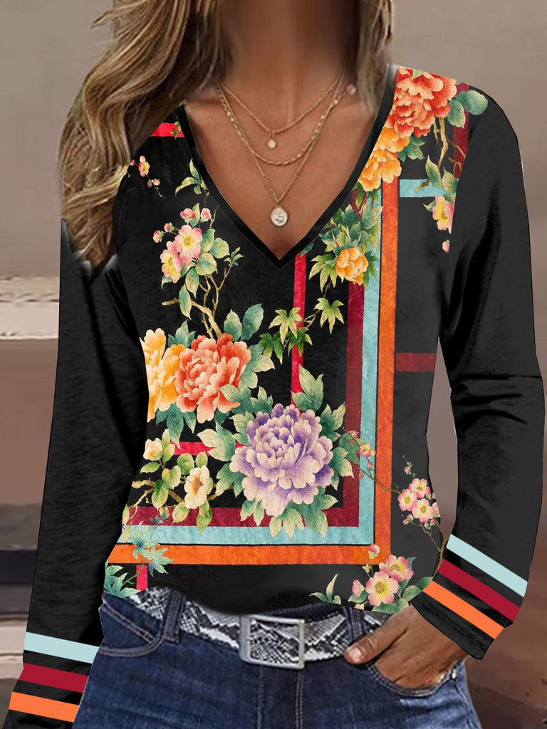 Fashion V Neck Long Sleeve Striped Floral Loose Regular T-Shirt