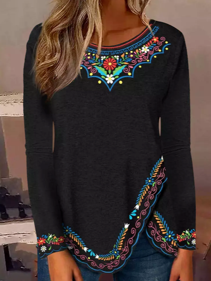 Loose Crew Neck Long Sleeve Ethnic Fashion Mid-Long Blouses
