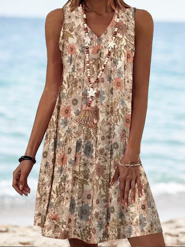 Casual V Neck Sleeveless Floral Pattern Fashion Short Dress
