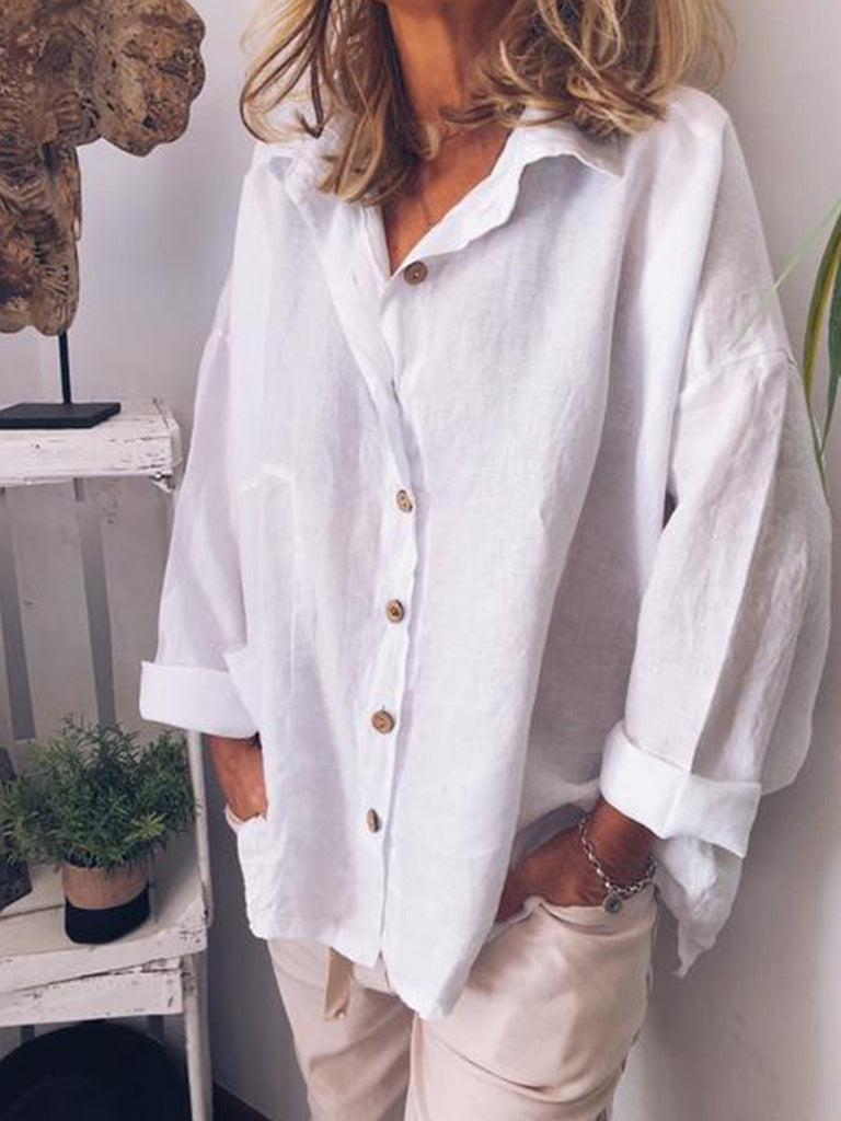 Vacation V Neck Long Sleeve Plain Loose Regular Shirt