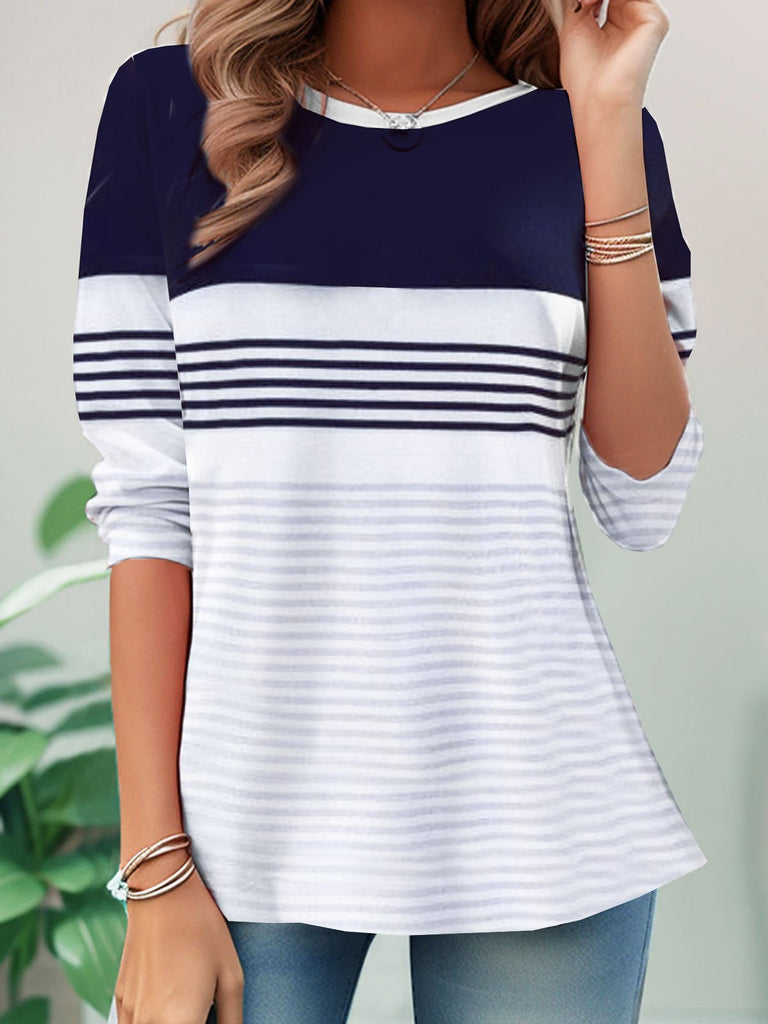 Fashion Crew Neck Long Sleeve Striped Loose Regular T-Shirt