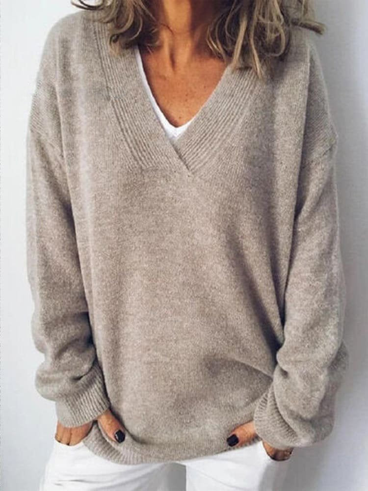 Fashion V Neck Long Sleeve Plain Loose Mid-Long Sweater