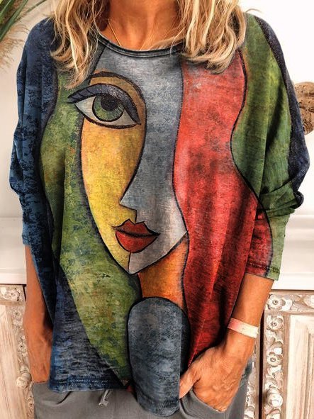 Loose Crew Neck Long Sleeve Classical Geometry Fashion Regular T-Shirt
