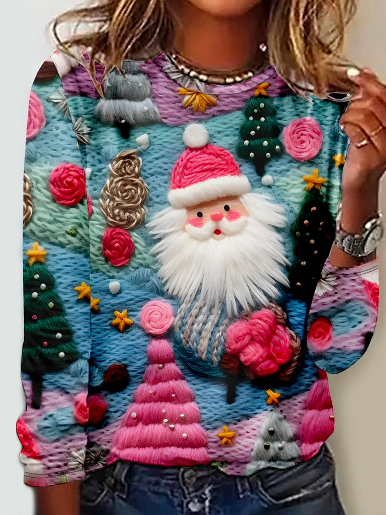 Fashion Crew Neck Long Sleeve Santa Claus Regular Blouse