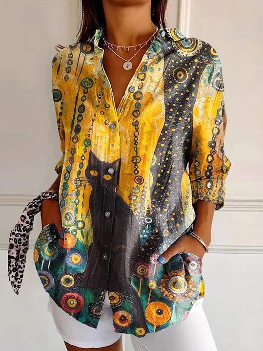 Loose Long Sleeve Shirt Collar Geometric Floral Fashion Regular Shirt