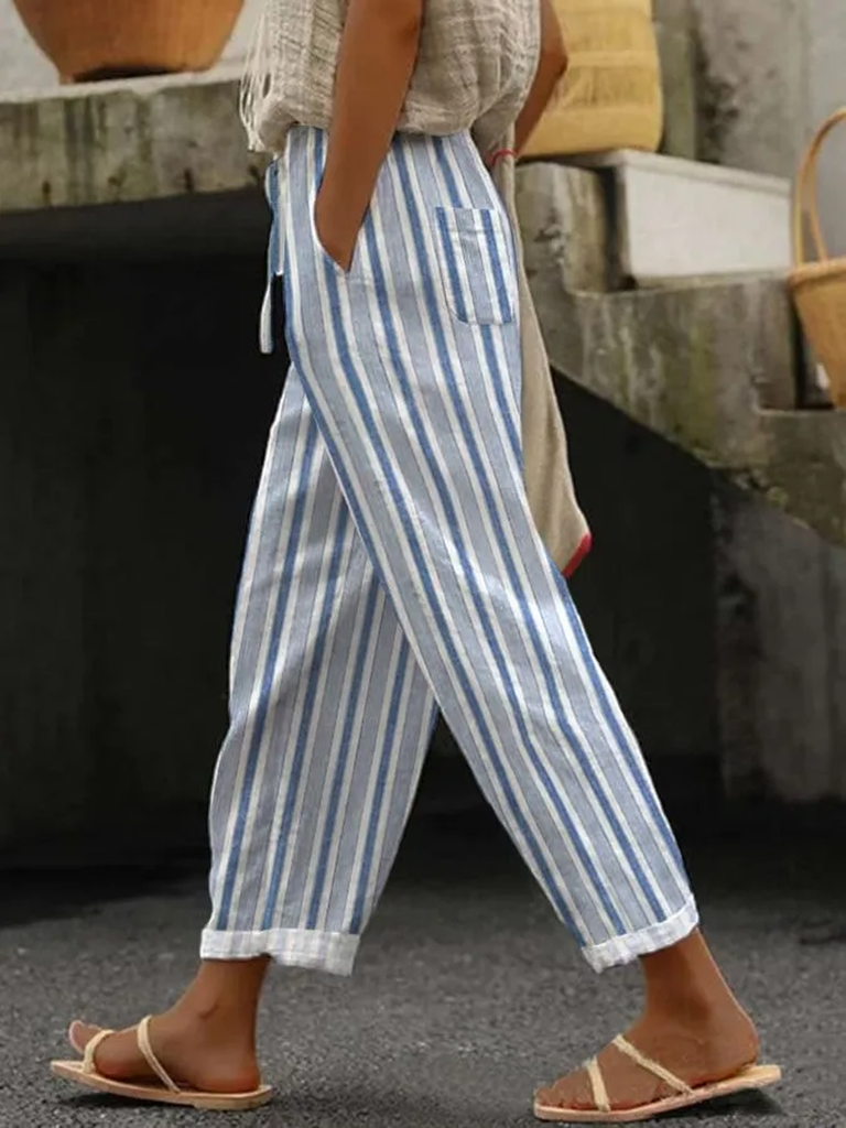 Fashion Striped Pocket Stitching Loose Long Pants