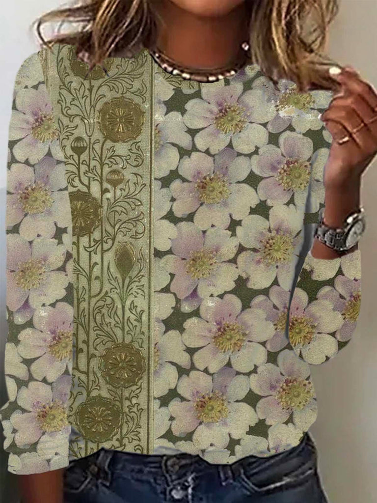 Casual Crew Neck Long Sleeve Floral Fashion Regular T-Shirt