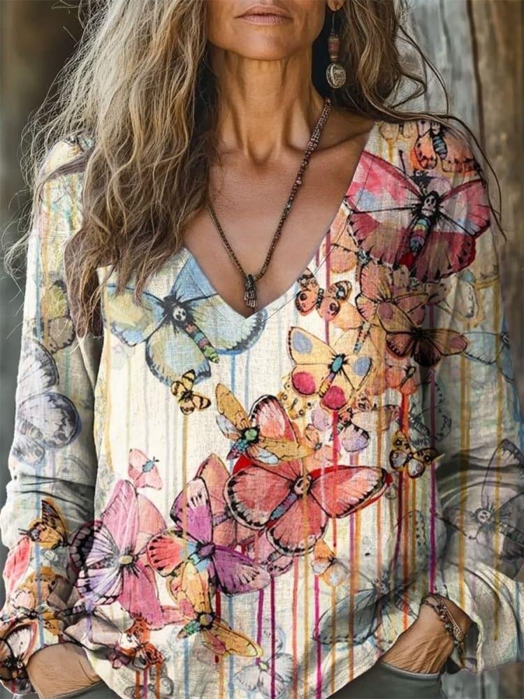 Boho V Neck Long Sleeve Ethnic Loose Regular T-Shirt