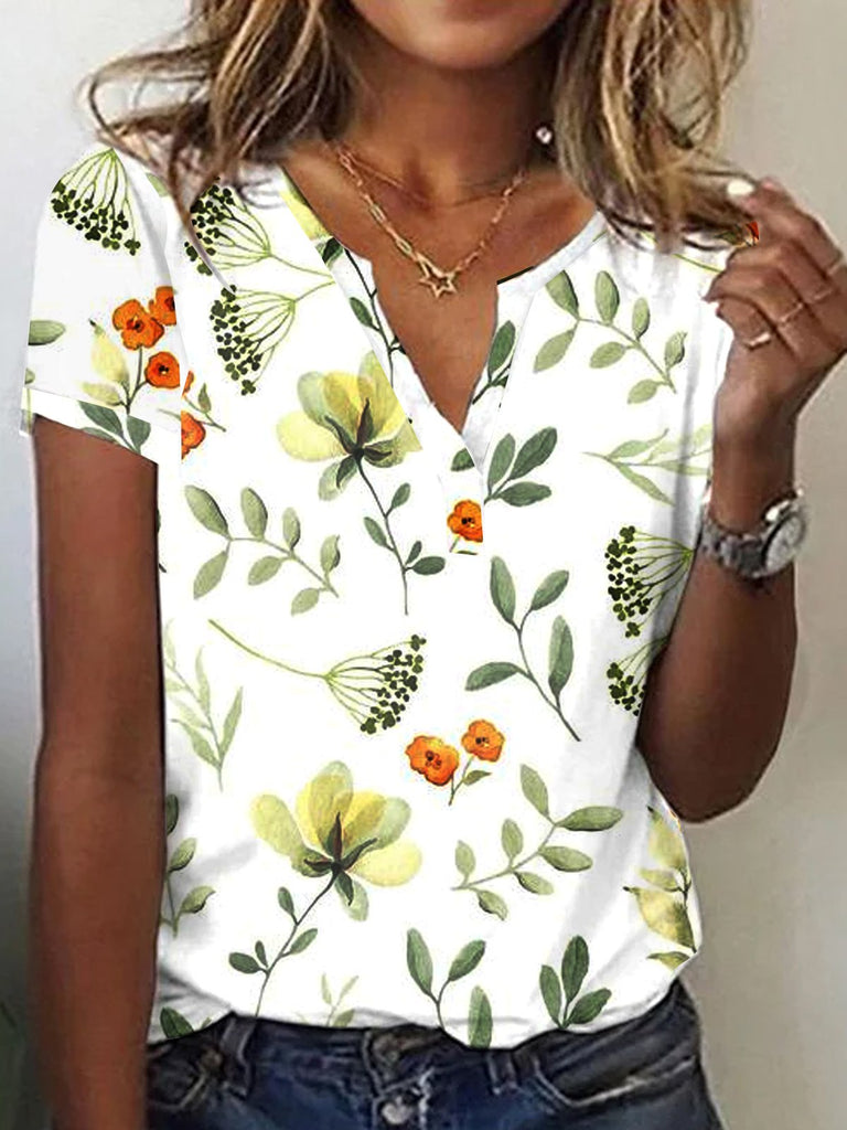 Fashion Short Sleeve Notched Floral Loose Regular T-Shirt