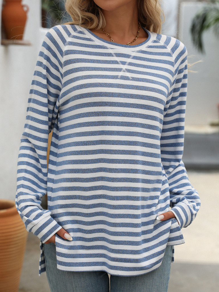 Fashion Crew Neck Long Sleeve Striped Loose Regular Blouse