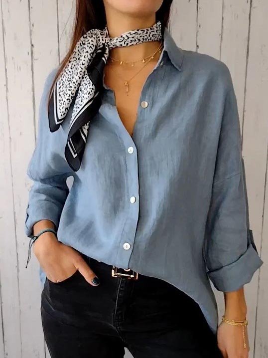 Fashion Long Sleeve Shirt Collar Plain Loose Regular Shirt