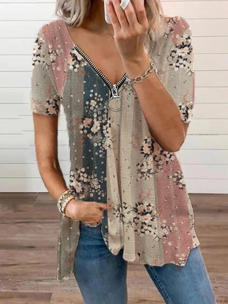 Fashion V Neck Short Sleeve Classical Geometry Floral Zipper Loose Regular T-Shirt