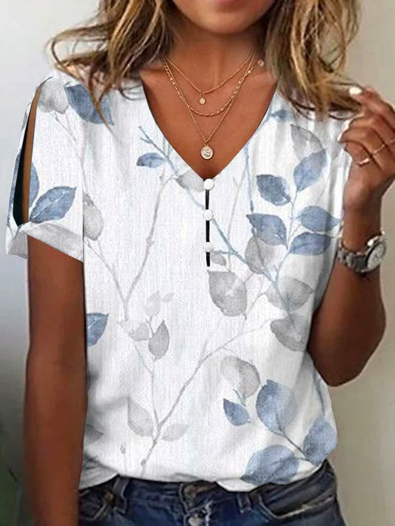 Fashion V Neck Short Sleeve Leaf Loose Regular Blouse