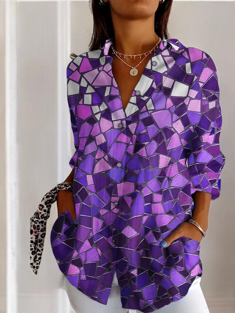 Fashion Long Sleeve Shirt Collar Geometric Regular Shirt