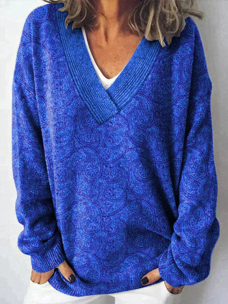 Vintage V Neck Long Sleeve Floral Loose Regular Sweater