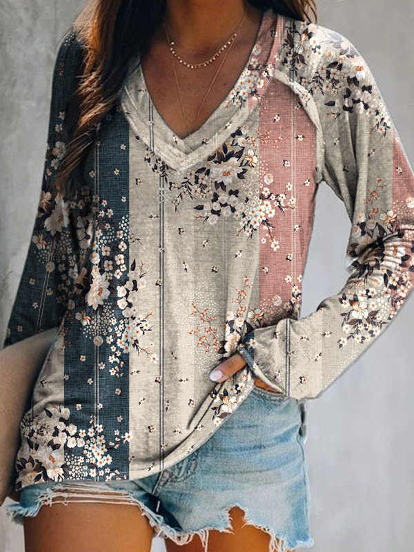 Fashion V Neck Long Sleeve Floral Casual Regular T-Shirt