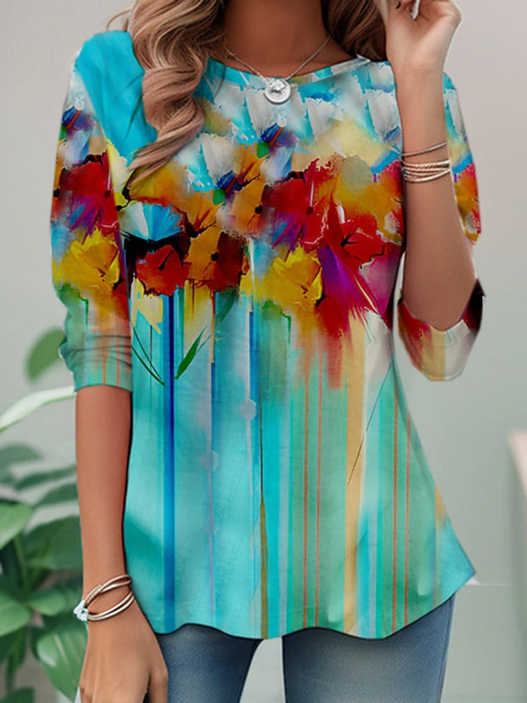 Fashion Crew Neck Long Sleeve Floral Casual Regular T-Shirt