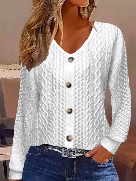 V Neck Long Sleeve Plain Fashion Regular Blouse