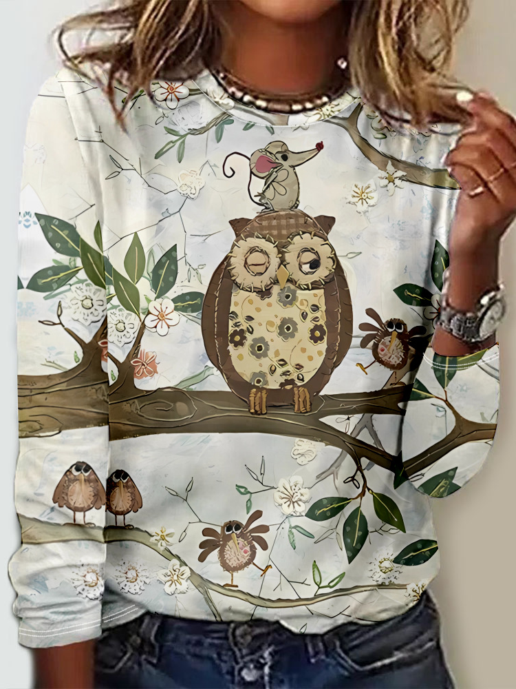 Fashion Crew Neck Long Sleeve Ethnic Casual Regular T-Shirt