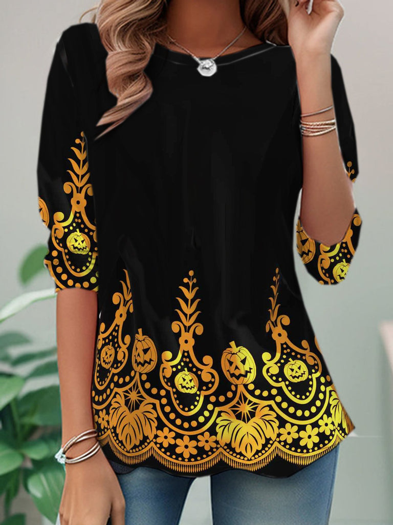 Fashion Crew Neck Long Sleeve Leaf Casual Regular T-Shirt