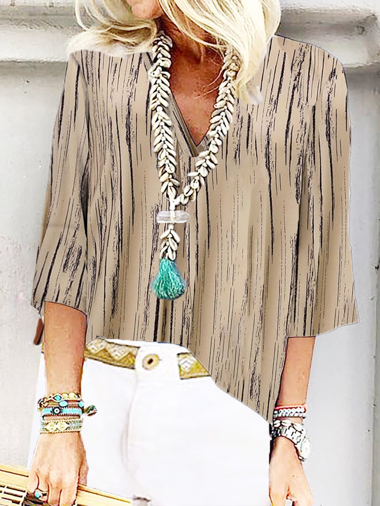 Loose 3/4 Sleeve V Neck Abstract Stripes Fashion Regular Blouse
