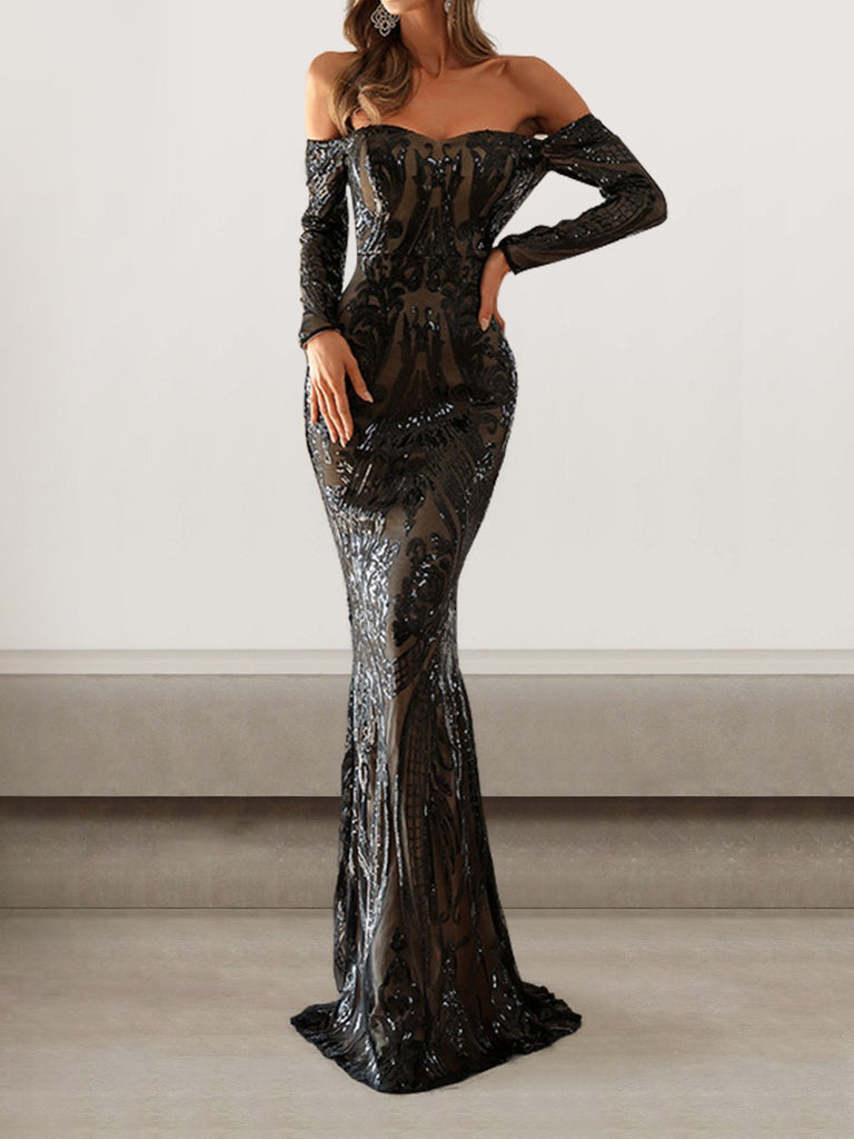 Sexy Long Sleeve Boat Neck Plain Tight Maxi Dress