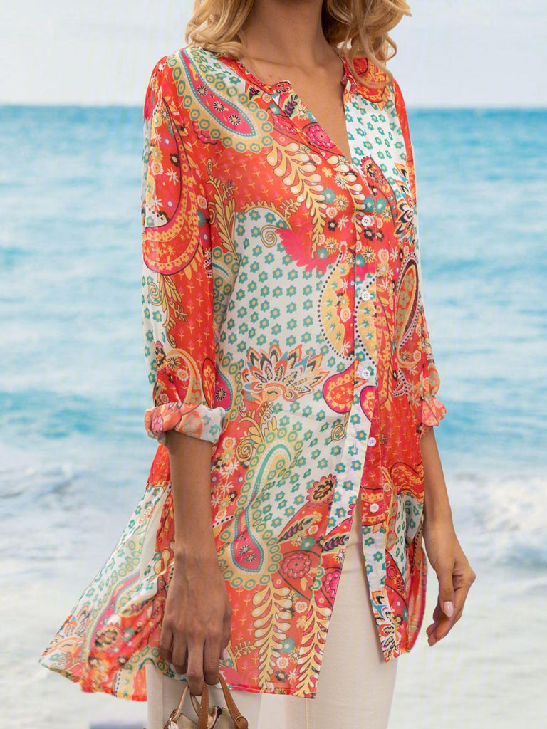 Loose Long Sleeve Shirt Collar Ethnic Vacation Regular Blouse