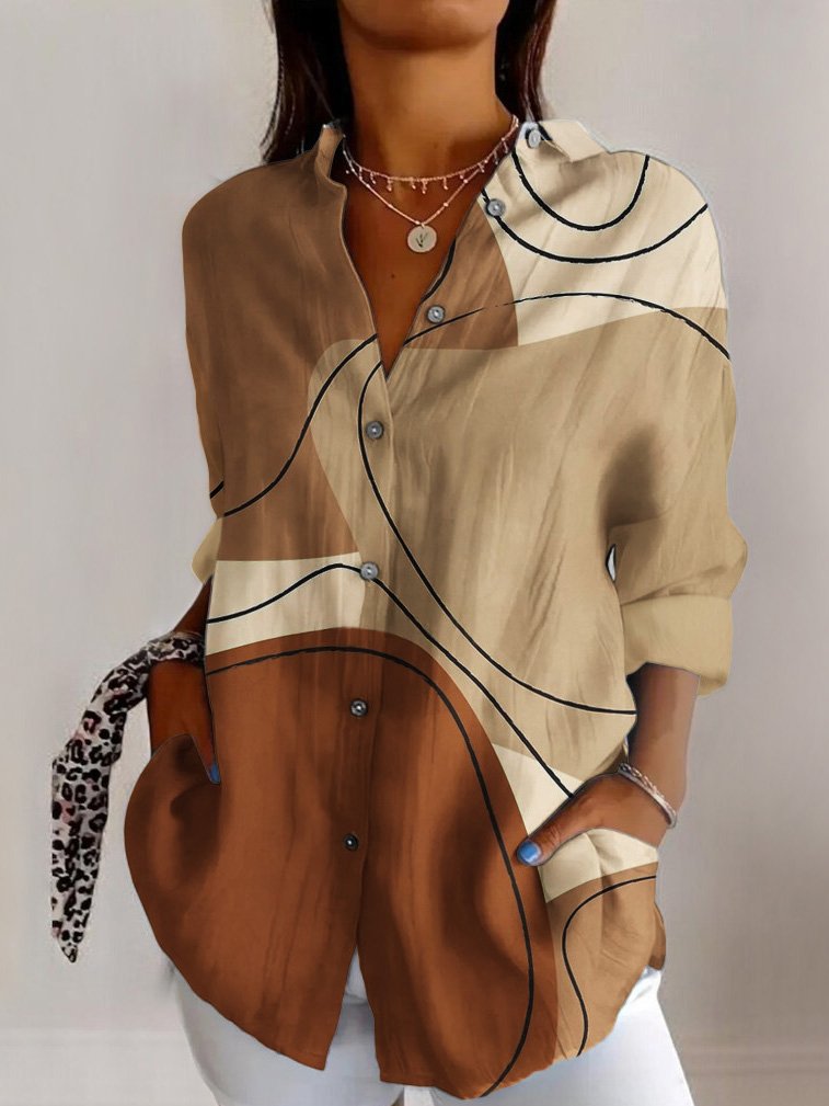 Fashion Long Sleeve Shirt Collar Geometric Regular T-Shirt