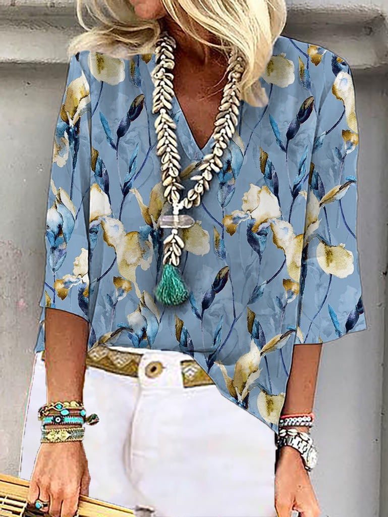 Fashion 3/4 Sleeve V Neck Floral Casual Regular Blouses