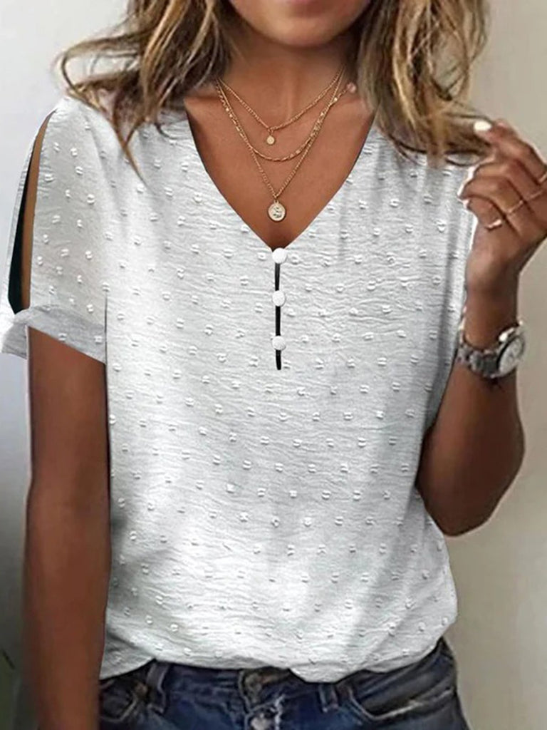 Loose V Neck Short Sleeve Plain Fashion Regular Blouses