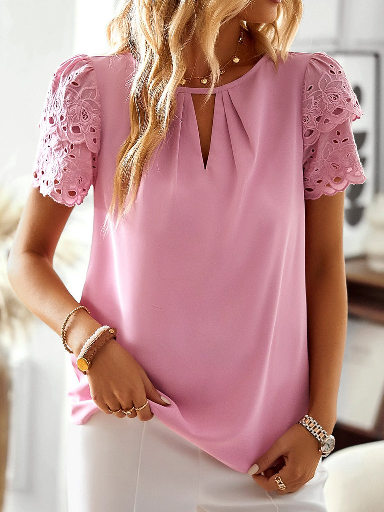 Loose Short Sleeve Notched Plain Hollow Out Fashion Regular Blouse
