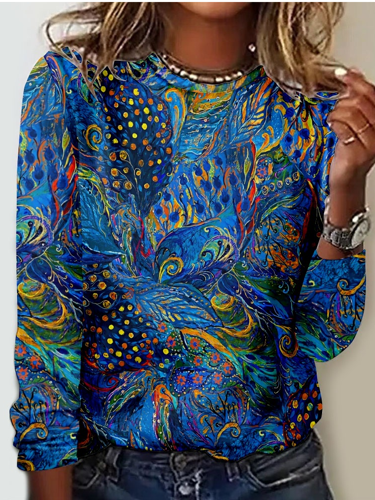 Crew Neck Long Sleeve Peacock Fashion Regular Blouses