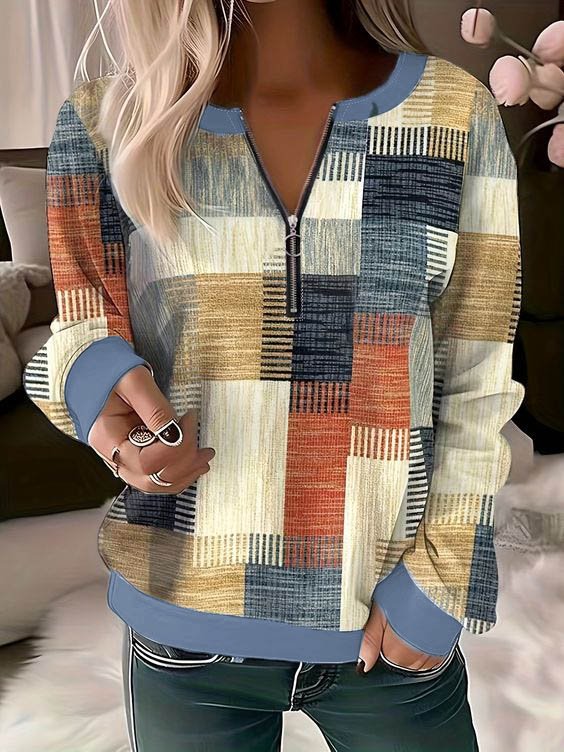 Fashion Crew Neck Long Sleeve Plaid Casual Mid-Long Sweatshirt