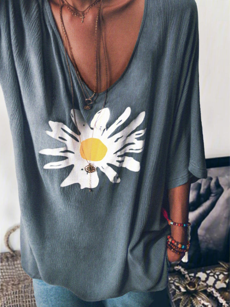 Loose Crew Neck Half Sleeve Printed Floral Vintage Mid-Long Blouse