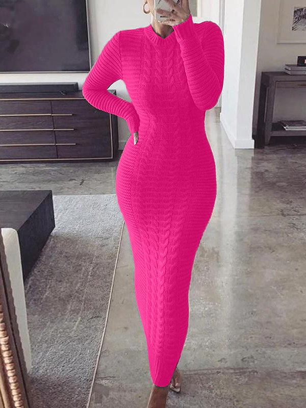 Fashion Crew Neck Long Sleeve Plain Maxi Dress
