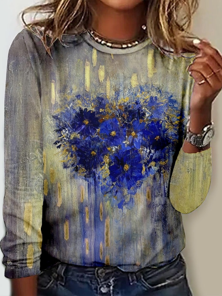 Fashion Crew Neck Long Sleeve Floral Casual Regular T-Shirt