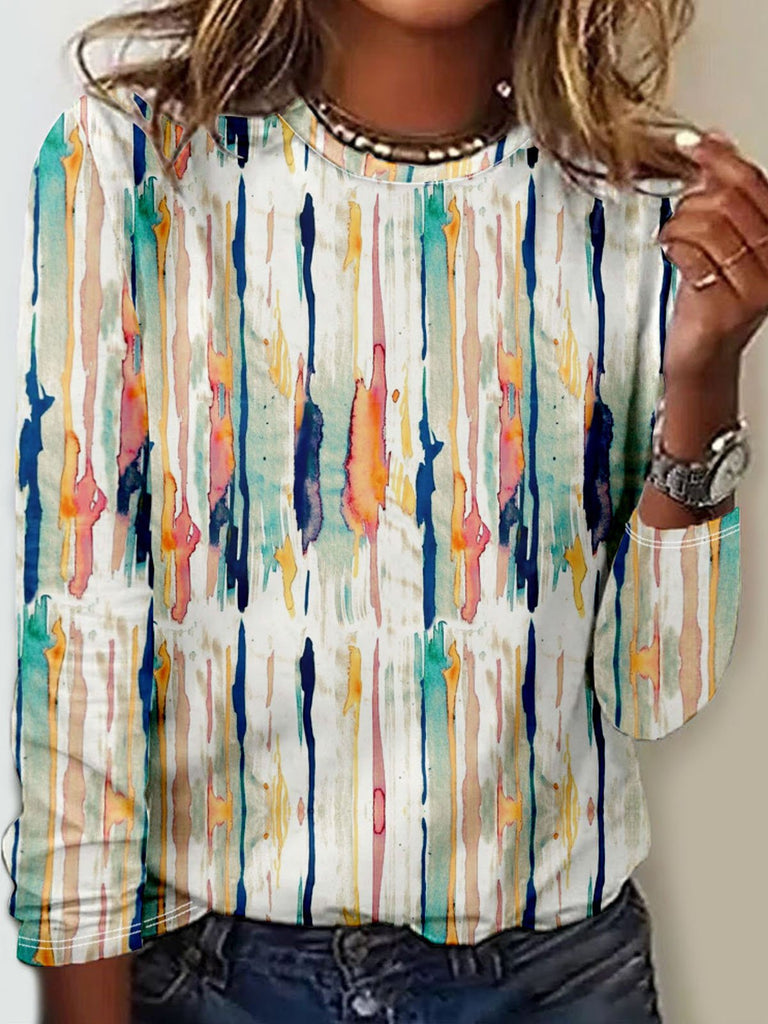 Fashion Crew Neck Long Sleeve Abstract Stripes Casual Regular T-Shirt