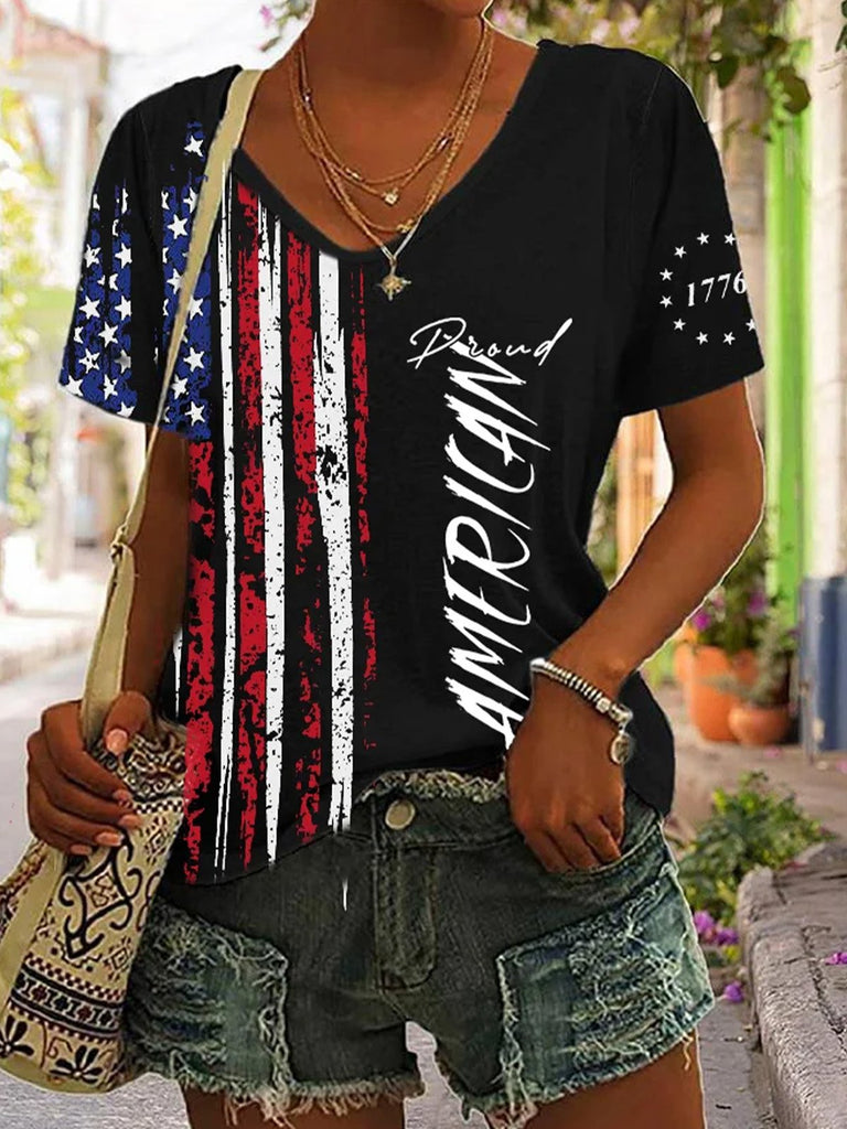 Fashion V Neck Short Sleeve Independence Day Casual Regular T-Shirt