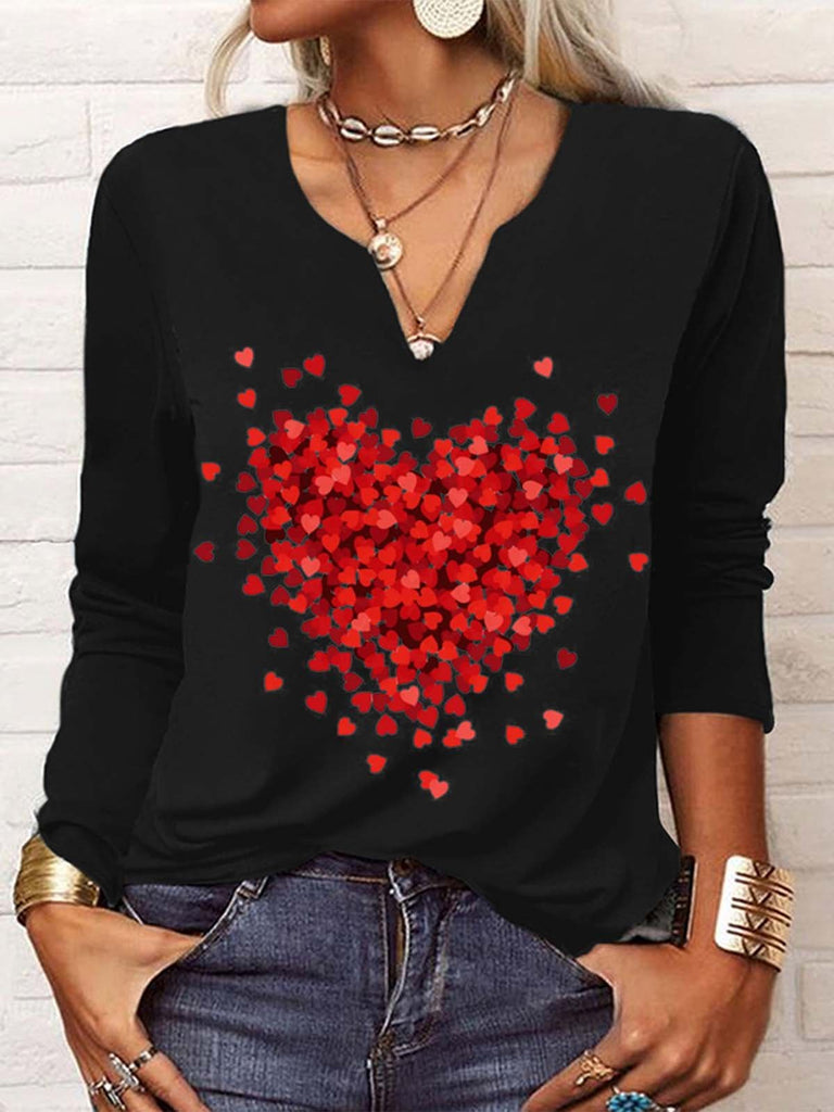 Loose V Neck Long Sleeve Heart/Cordate Fashion Regular T-Shirt