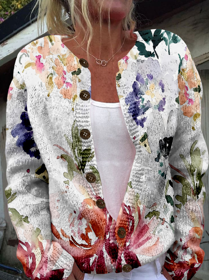Loose Crew Neck Long Sleeve Floral Fashion Regular Jacket