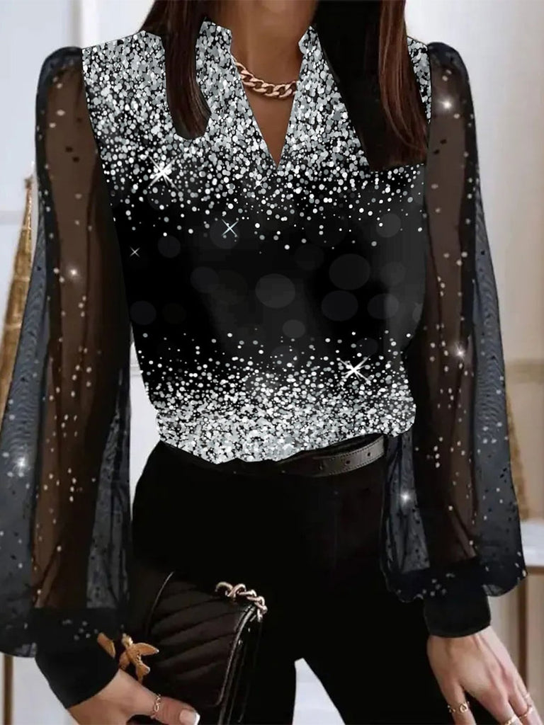 Elegant V Neck Long Sleeve Gradient Pattern Loose Regular Blouse