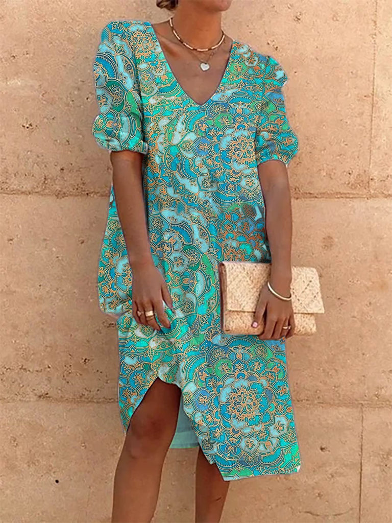 Vacation V Neck Short Sleeve Ombre Loose Knee Midi Dress