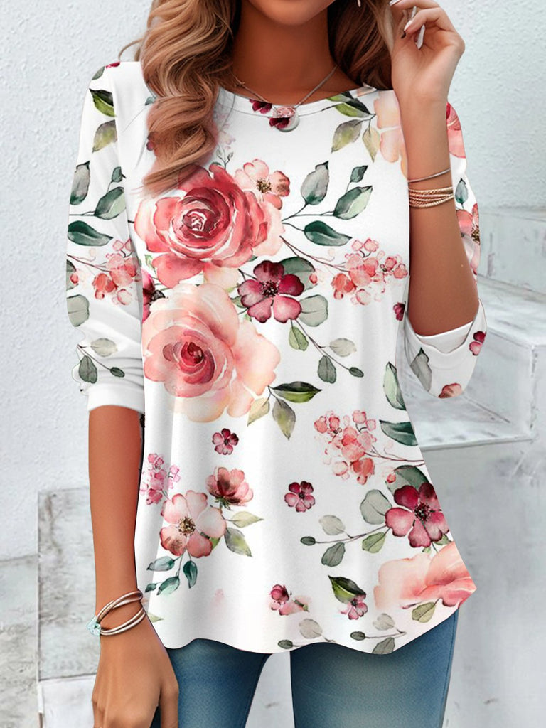 Vintage Crew Neck Long Sleeve Floral Loose Regular Blouse