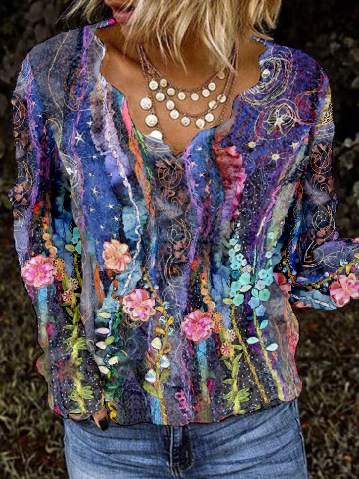 Fashion V Neck Long Sleeve Floral Loose Regular Blouse