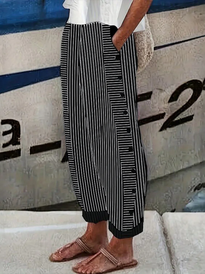 Fashion Striped Buckle Loose Long Pants